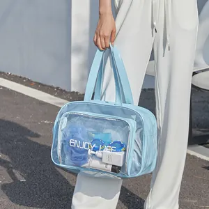 Hellblaue transparente PVC-Netz-Kulturtasche mit Enjoy Life Aufdruck für Sport und Schwimmen