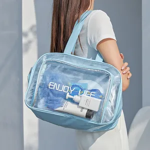 Wasserdichte blaue PVC-Kulturtasche mit Nass-Trocken-Trennung für Fitness und Schwimmen.
