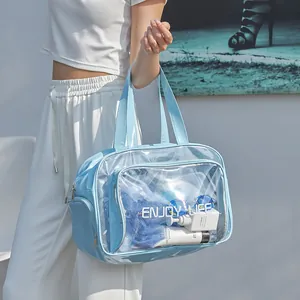 Hellblaue durchsichtige PVC-Kulturtasche für Fitness und Reisen mit Nass-Trocken-Trennung.
