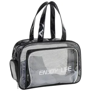 Transparente PVC-Kulturtasche wasserdicht mit schwarzen Griffen und Enjoy Life-Aufdruck