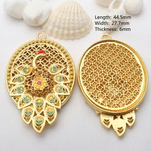 Detailed view of gold peacock pendant with dimensions for DIY necklace jewelry making