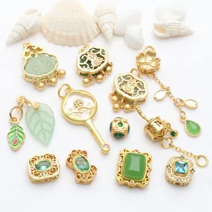 Antik Vergoldete Kupferanhänger Eingelegter Künstlicher Jade Strass Traditioneller Chinesischer Stil Ruyi Schloss Fächer Blatt DIY Schmuckherstellung Komponenten