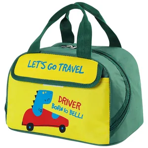 Vibrant green and yellow insulated cartoon lunch bag for students with cute dinosaur motif