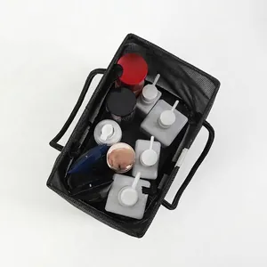 Portable black mesh shower caddy bag with sturdy metal frame and large top opening