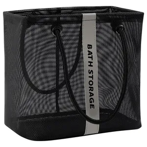 Black mesh shower caddy toiletry bag with grey bath storage band for travel bathroom