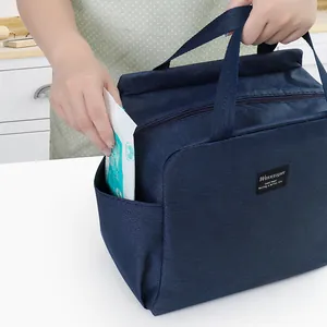 Portable large capacity navy blue insulated lunch bag with durable handles and side pocket