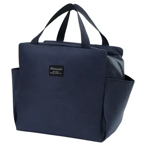 Insulated large capacity navy blue lunch tote bag with convenient side storage pocket