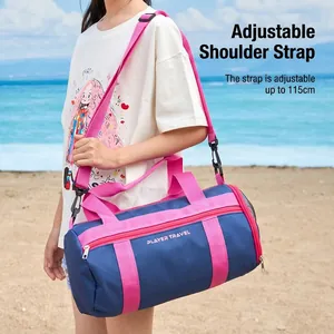 Kids waterproof swimming beach duffel bag with adjustable pink shoulder strap in blue