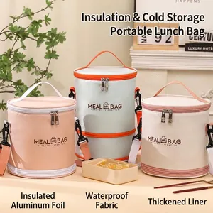 Insulated Round Square Expandable Lunch Bag Large Oxford Cloth Thermal Bento Pouch With Shoulder Strap For Office Picnic