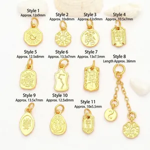 Detailed display of eleven sand gold charm styles with specific size measurements.