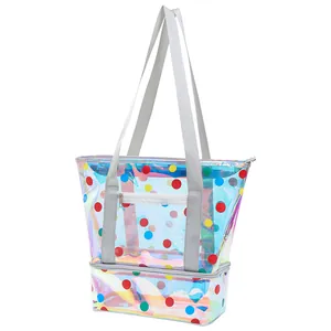 Holographische PVC-Strandtasche mit bunten Punkten und wasserdichter Doppelschicht