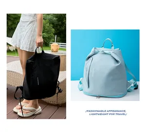 Two-panel view showing black and light blue waterproof travel backpacks with sleek designs.