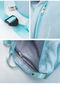 Close-up of waterproof swimming bag zipper, buckle, and internal storage compartment.