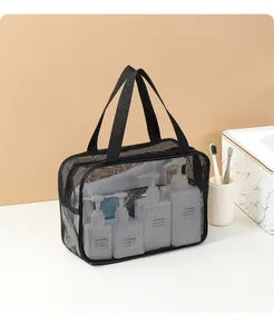 Borsa da toilette portatile in rete nera con manici per viaggi e spiaggia