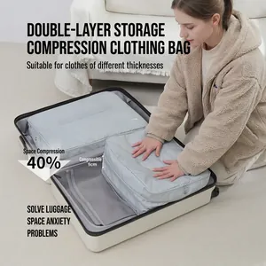 Waterproof Travel Compression Packing Cubes Double Layer Grid Fabric Clothes Storage Bag Luggage Organizer Portable Expandable Bags