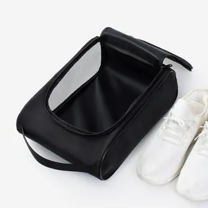 Portable breathable black shoe storage bag with mesh window and sturdy handle for travel