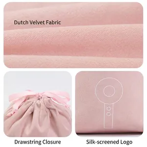 Sac de rangement rose en velours hollandais avec cordon pour sèche-cheveux et plus