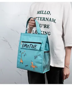 Insulated lunch bag with cute cartoon animal patterns and a secure front zipper pocket.