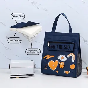 Large capacity insulated lunch bag with cartoon prints and triple layer material structure