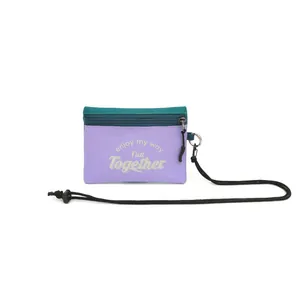 Minimalist purple anti-theft travel neck pouch with adjustable black cord and zipper