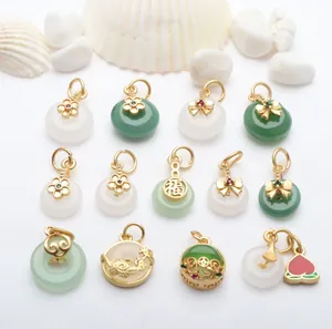 Vintage Sand Gold Pendant Accessories Artificial Jade Inlaid Ping'an Buckle For DIY Jewelry Making Bracelet Necklace Exquisite Charms