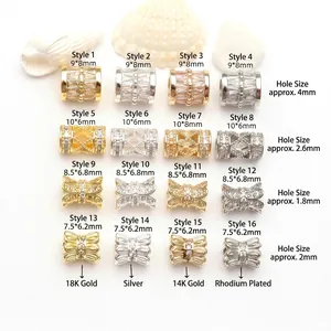 Detailed size guide for various plated zircon spacer beads in barrel and bow shapes.