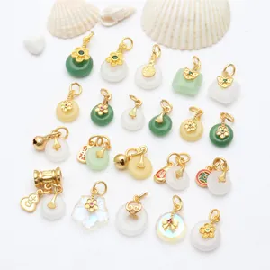 Detailed view of various chalcedony pendants with gold-plated accents for DIY jewelry