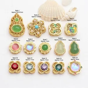 Collection of 14 vintage gold beads with colorful stone inlays and style dimensions.