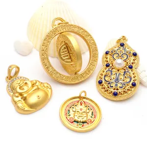 Detailed view of gold-plated Chinese style pendants with enamel and pearl accents.