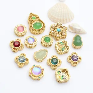 Chinese Vintage Gold Plated Copper Spacer Beads With Artificial Pearl Rhinestone Inlaid DIY Hollow Gourd Flower Beads Jewelry Accessories