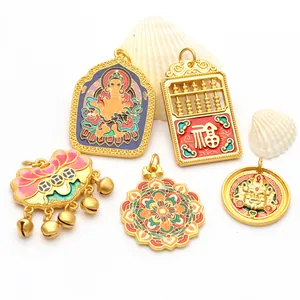 Detailed view of five colorful enamel gold-plated traditional Chinese style pendants