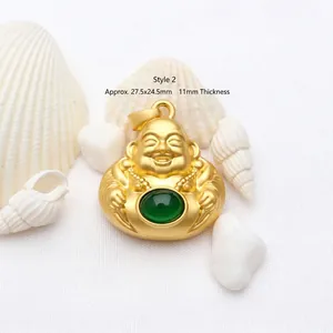 Detail view of golden Buddha pendant with green stone inlay and dimensions