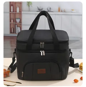 Black large insulated lunch bag with double zipper and shoulder strap for picnics