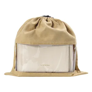 Khaki suede drawstring dust bag with transparent window for handbag and shoe storage