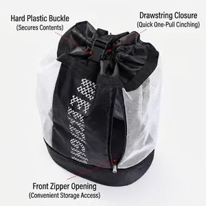 Bolsa de deporte multifuncional con cordón blanca y negra con paneles de malla y cierre de hebilla