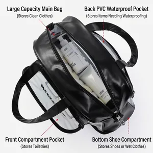 Large black and clear waterproof gym bag featuring dry and wet separation compartments