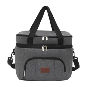 Large grey insulated lunch bag for picnic with waterproof fabric and adjustable shoulder strap.