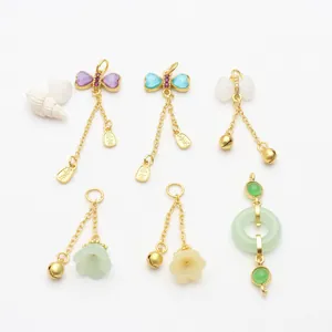 Chinese Vintage Sand Gold Lucky Bag Pendant Charms Copper Electroplated Enamel Butterfly Faux Jade Inlaid DIY Jewelry Findings Accessory