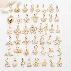 18K Vergoldeter Kupfer Zirkonia Stern Mond Herz Schmetterling Blume Anhänger Für DIY Schmuckherstellung Halskette Ohrringe Zubehör