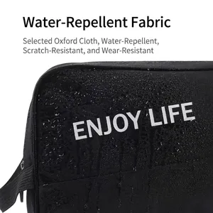 Waterproof black oxford cloth gym bag with ENJOY LIFE print and water droplets detail