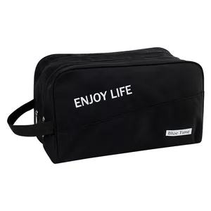 Large black travel toiletry bag with ENJOY LIFE print and double zipper compartments