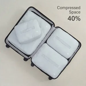 Set of four light gray compression packing cubes for organized travel suitcase storage