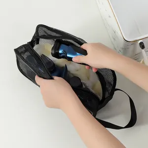 Borsa da bagno in rete nera ad alta capacità con manico e cerniera per il viaggio