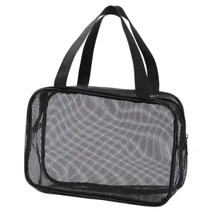 Grande borsa da spiaggia in rete nera, borsa da toilette portatile per viaggi
