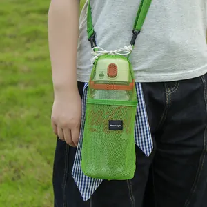 Outdoor green mesh water bottle carrier bag with adjustable strap for hiking and travel