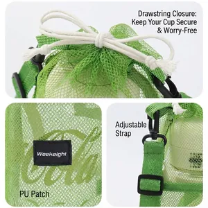 Portable green mesh water bottle pouch with adjustable shoulder strap and drawstring