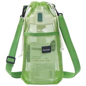 Green mesh water bottle carrier bag with an adjustable crossbody strap for hiking