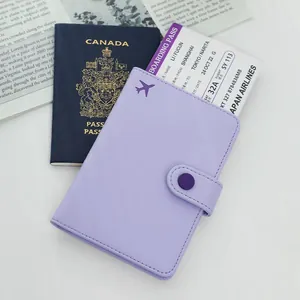 Lavender PU leather RFID passport holder travel wallet with snap button and airplane logo