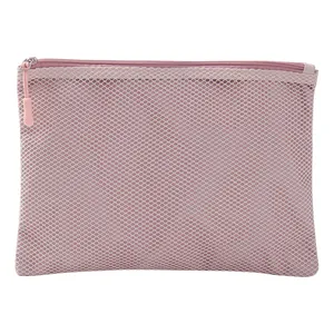 Minimalist pink double-layer mesh cosmetic bag and travel storage organizer pouch