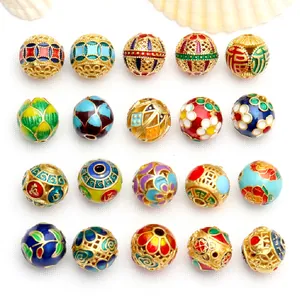 Antike Sandgold Emaille Cloisonne Abstandsperlen DIY Schmuckherstellung Zubehör Traditionelle Florale Geometrische Muster Perlen